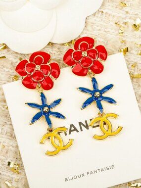 Chanel Earrings Vintage Camellia Starfish Interlocking CC Enamel Drop Dangle